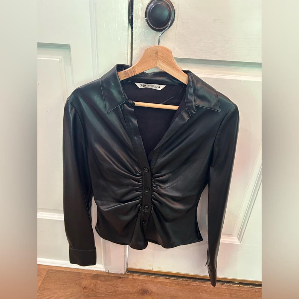 Zara vegan leather button down blouse size S